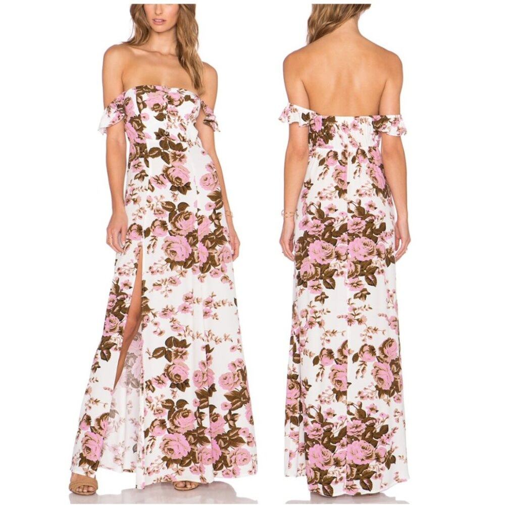 Flynn Skye x Revolve Bardot Maxi Dress in White Rose Floral Print